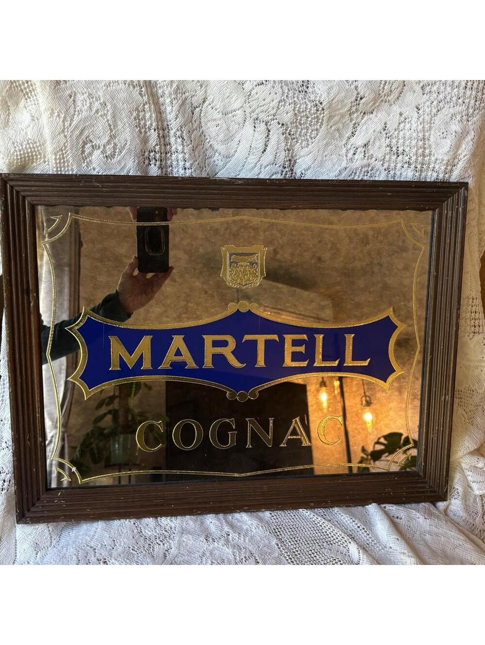Vintage Martell Cognac Mirror Sign Bar Decor Gold Blue Framed